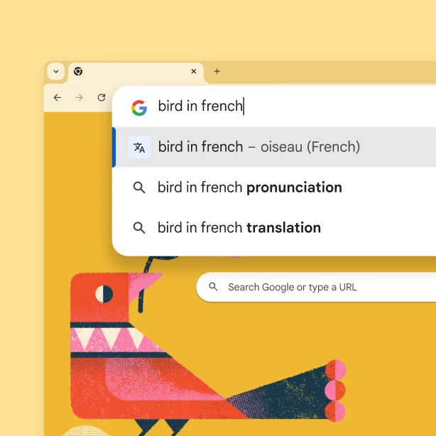 The Google Search page with a picture of a bird and a search for 'Bird in French' with the result 'oiseau'