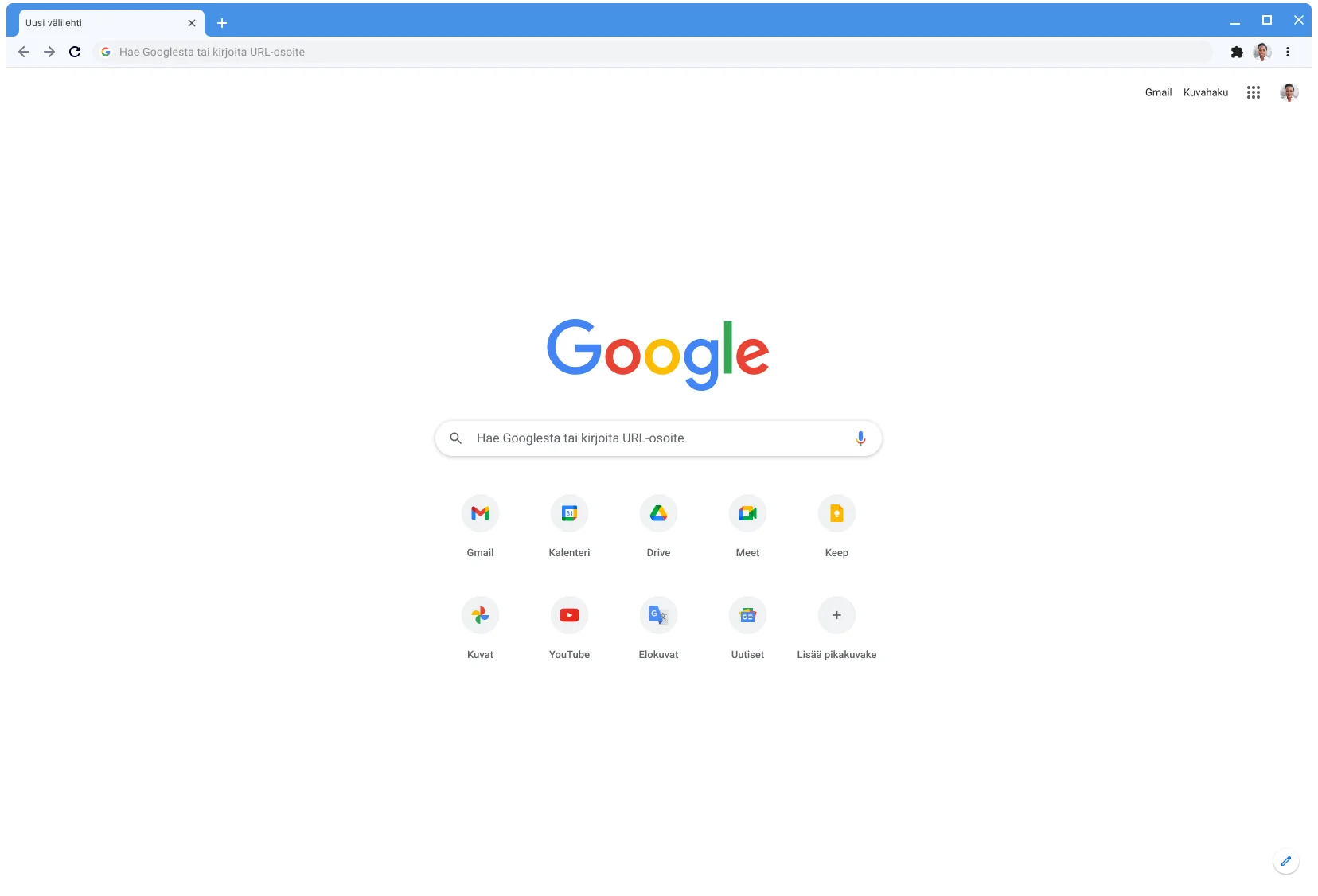Klassista teemaa käyttävä Chrome-selainikkuna, jossa näkyy Google.com-sivusto.
