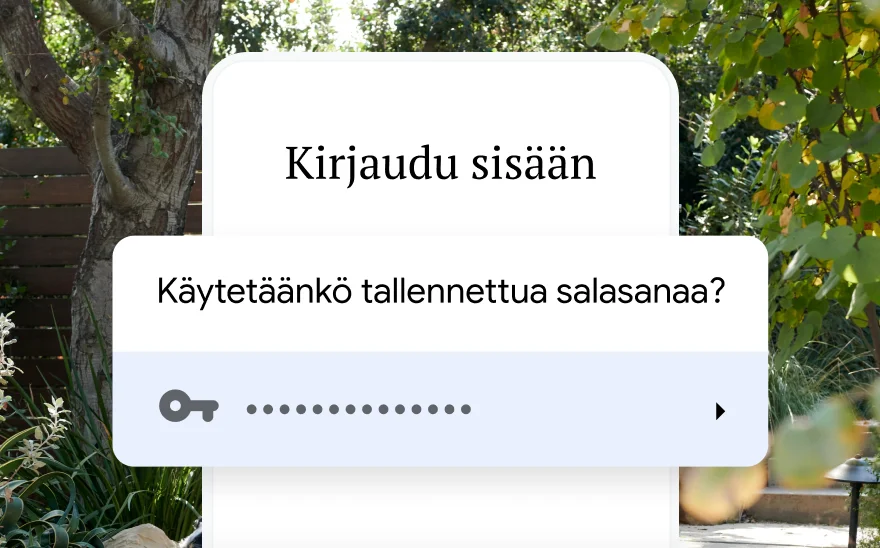 Matkavarauksen kirjautumissivu, jossa pyydetään käyttämään tallennettua salasanaa. Taustalla näkyy luonnonmaisema.