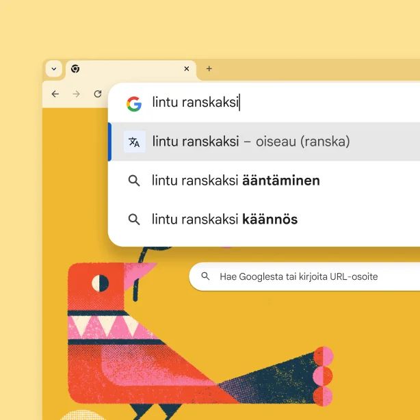 Google-hakusivu, jossa on kuva linnusta ja haku 'Bird in French' tuloksella 'oiseau'