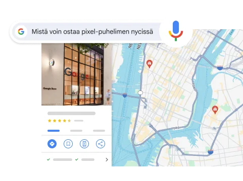 Puhehaku 'Where can I buy a Pixel phone in NYC' näyttää tuloksena Google Storen NYC:ssä.