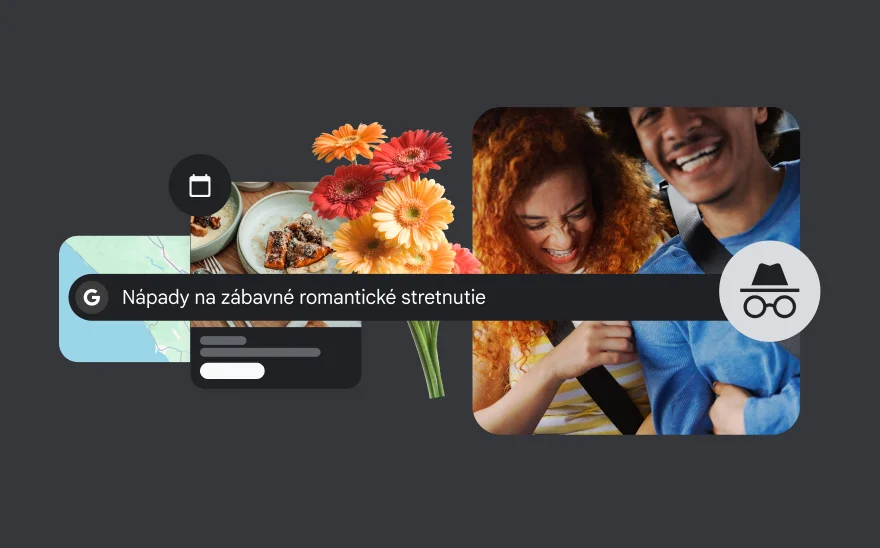 Vyhľadávací panel s dopytom 'Fun date ideas' spolu s kvetmi, jedlom, mapou a smejúcim sa párom v pozadí.