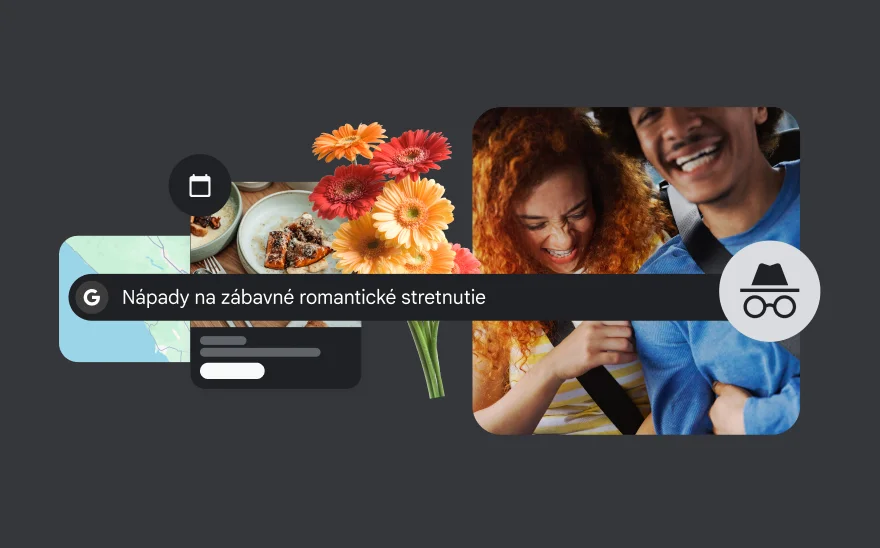 Vyhľadávací panel s dopytom 'Fun date ideas' spolu s kvetmi, jedlom, mapou a smejúcim sa párom v pozadí.