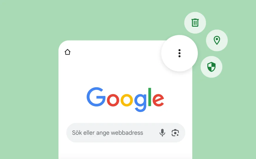 En skärmbild av Googles söksida, inklusive ikoner för YouTube, Gmail, Google Maps och andra produkter från Google.