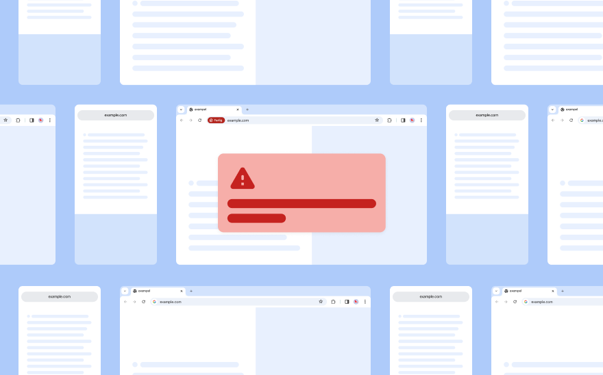Generiska webbsidor som svävar framför en ljusblå bakgrund. En röd popup med en röd varningsikon visas framför.