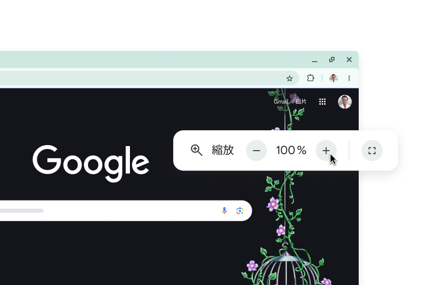 Google 首頁和縮放比例設定為 100% 的彈出式視窗